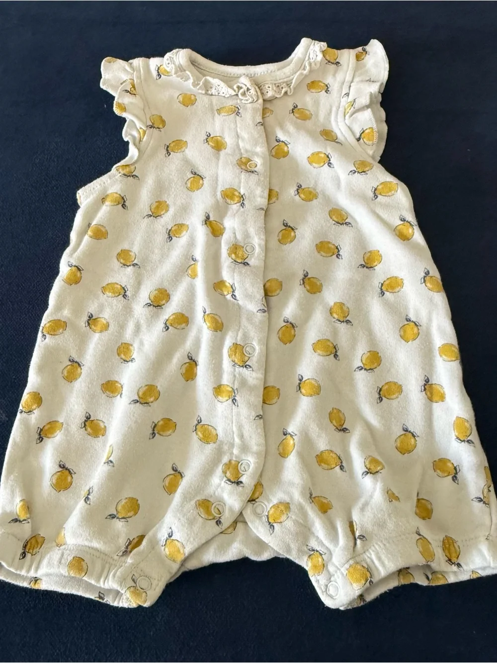 Little Me White Romper Yellow Lemon Print Ruffles 100% Cotton